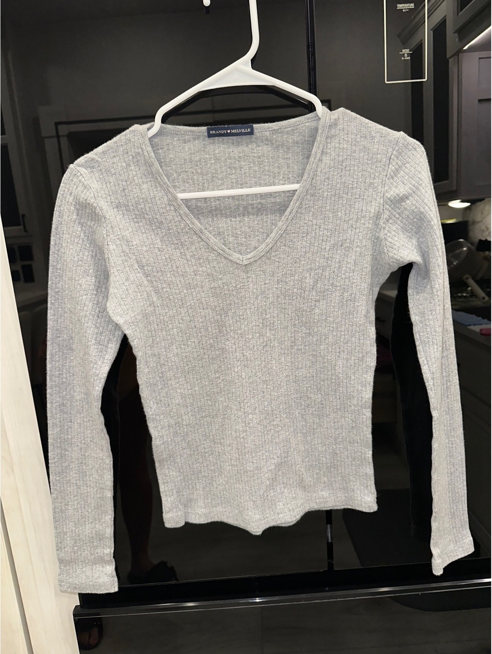 Brandy Melville Gray Ribbed V-Neck Long Sleeve Cotton Top, Made in Italy, Size 1